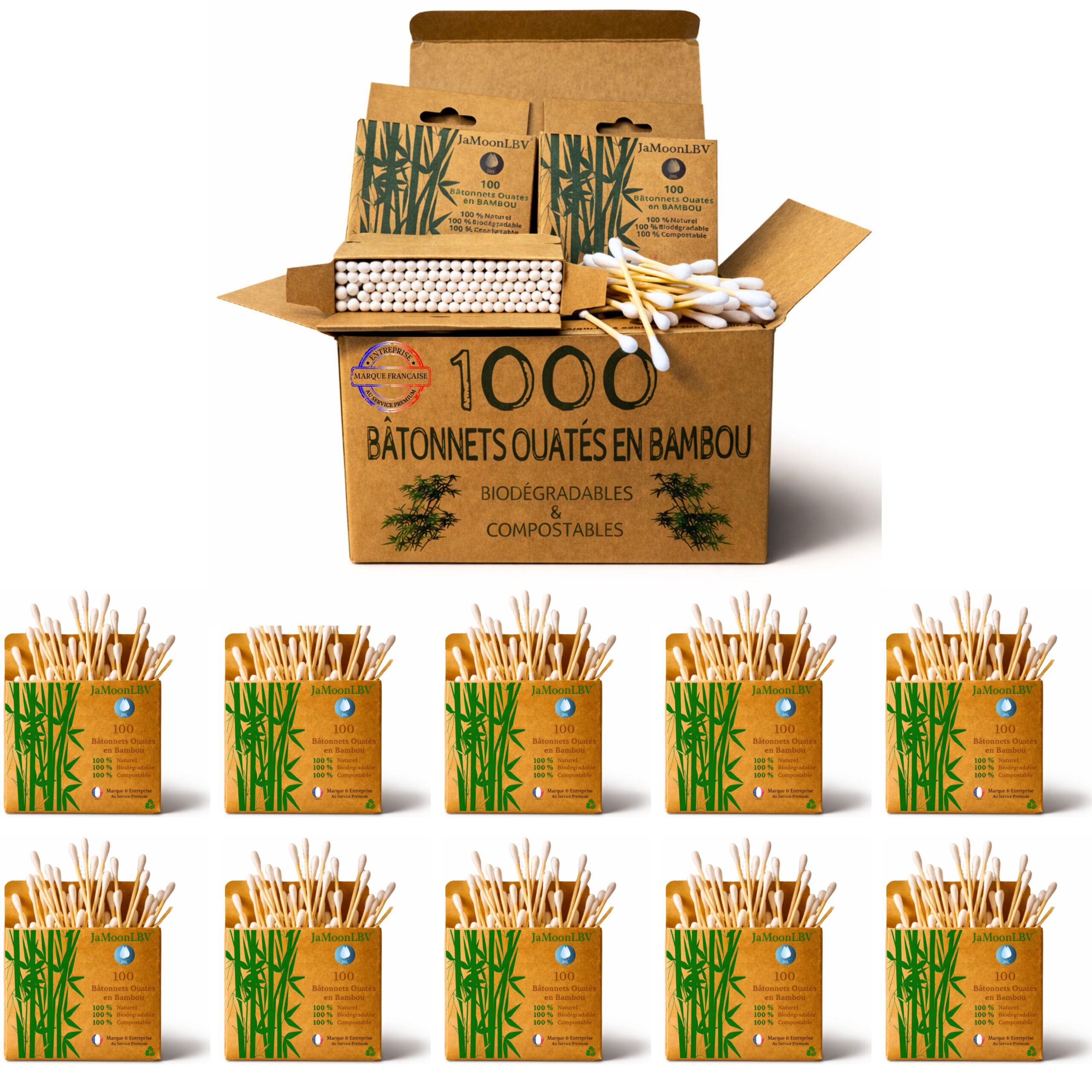 Boîtes de 1000 cotons-tiges biodégradables en bambou et coton compostables
