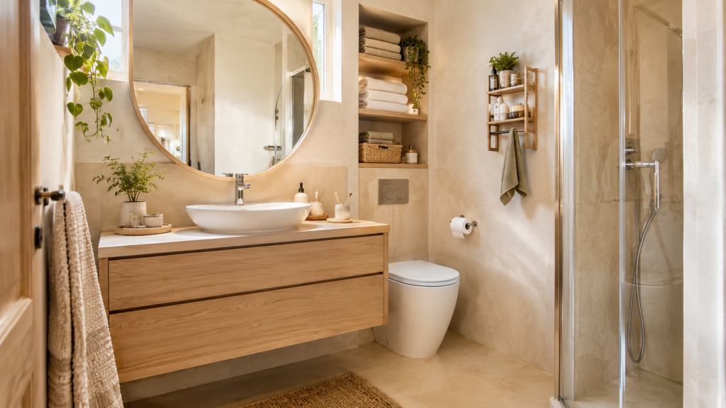 Organiser une petite salle de bain lumineuse avec meuble suspendu et rangements optimisés