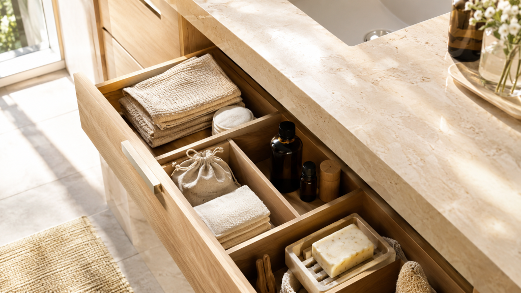 Organiser une petite salle de bain avec tiroir compartimenté et accessoires bien rangés